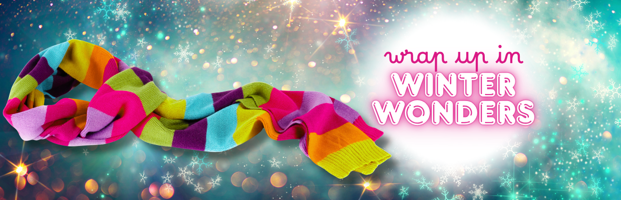 Colorful scarf on a glowing winter background with text “Wrap up in Winter Wonders.\"
